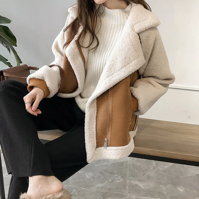 Women Faux Suede Shearling Jacket Lapel Collar Zip Up Long Sleeve Patchwork Warm Winter Coat Loose Casual Fleece Lined Outerwear
