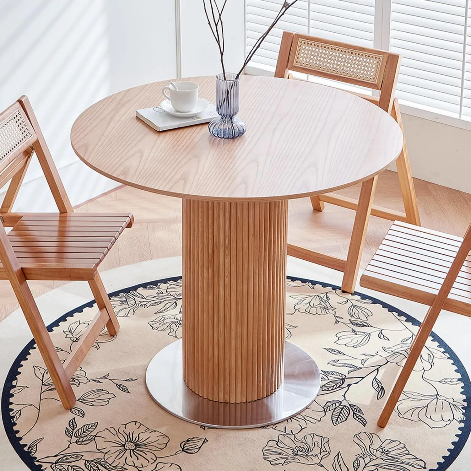 Mesa de comedor redonda de madera, Base de Pedestal de caballete de madera en placa de acero inoxidable, mesa de cocina de espacio pequeño, Circular moderno de 34,25"