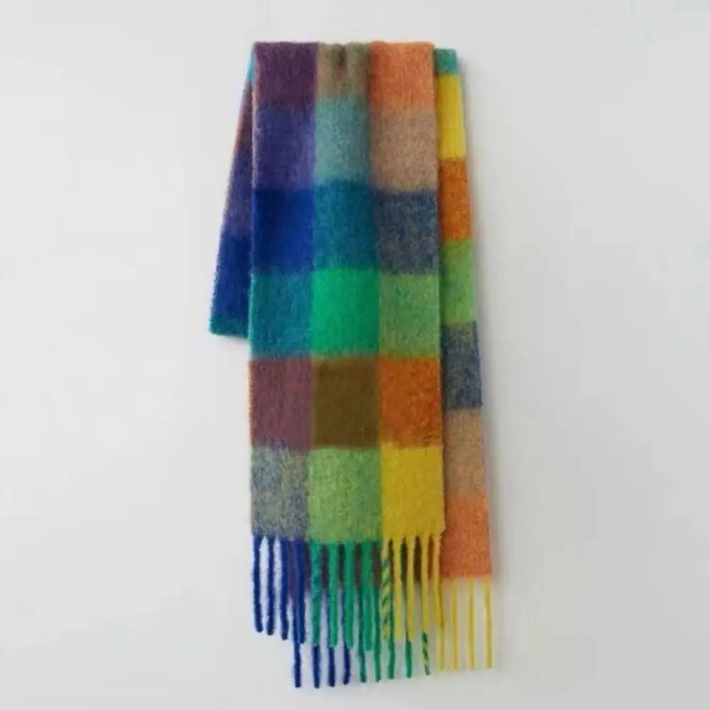 Warm Tassel Plaid Wool Scarf Plush Rainbow Color Winter Cashmere Scarves Cashmere Shawl Solid Color Cape Wraps Autumn Winter