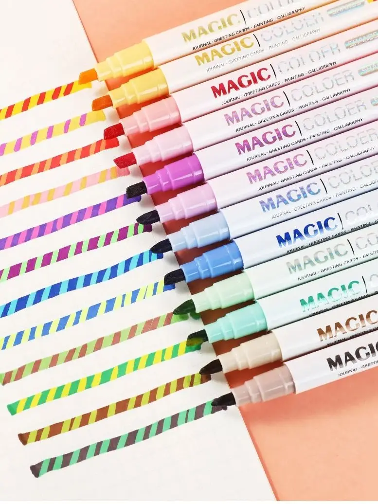 Zestaw magicznych zakreślaczy dwustronnych zmieniających kolor dla uczniów, do pamiętników, scrapbookingu, malowania, majsterkowania, artykuły biurowe. — zdjęcie produktu 7