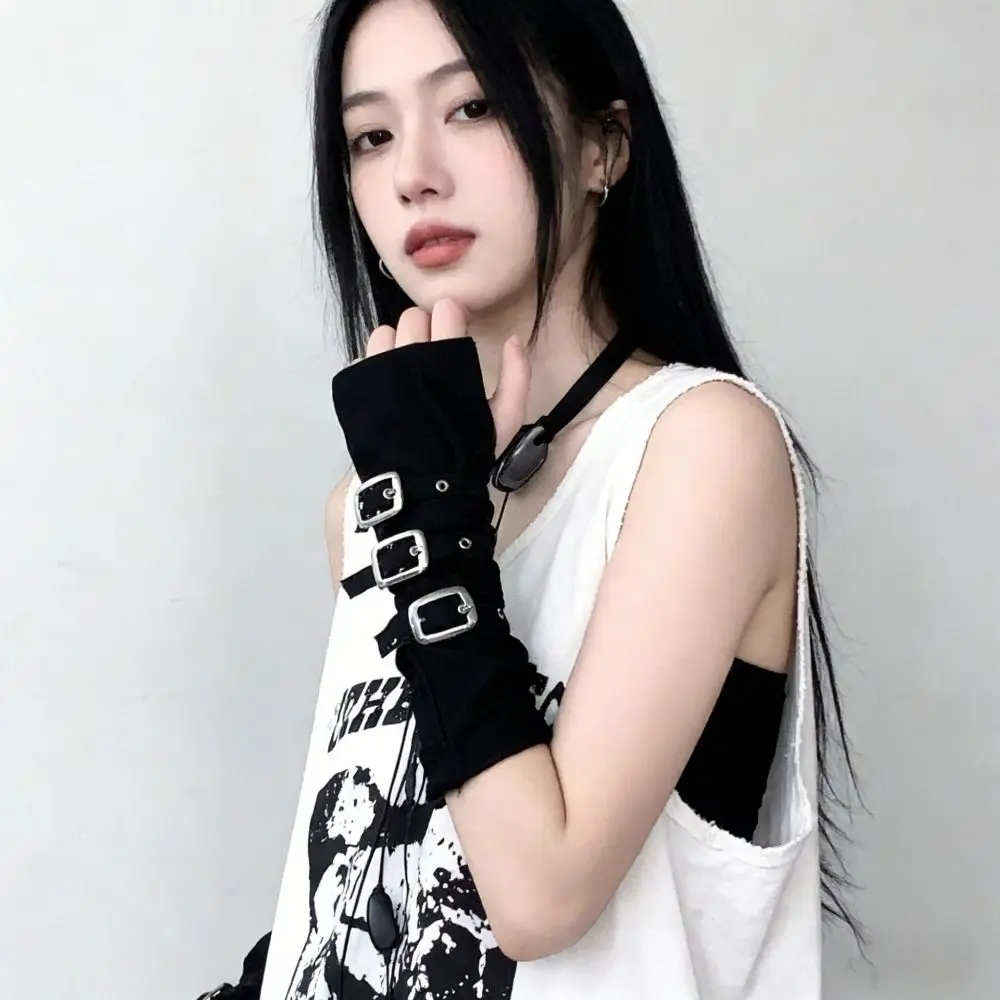 Black Fingerless Gloves Gothic Buckle Design Metal Button Gloves Exaggerated Hip Hop Party Punk Style Elbow Gloves Street Dance