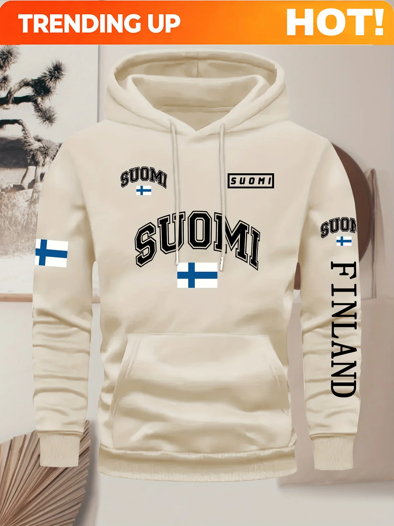 Customization Men'S Stylish Hoodie Featuring Finnish National City Elements With Various Patterns, Kangaroo Pocket, Adjustable D