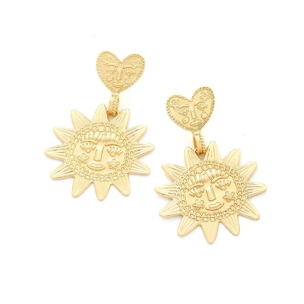 Banquet Mental Heart Sun Dangel Earring Textured Simplicity Face Sunflower Earrings Elegant Retro Ear Stud Women