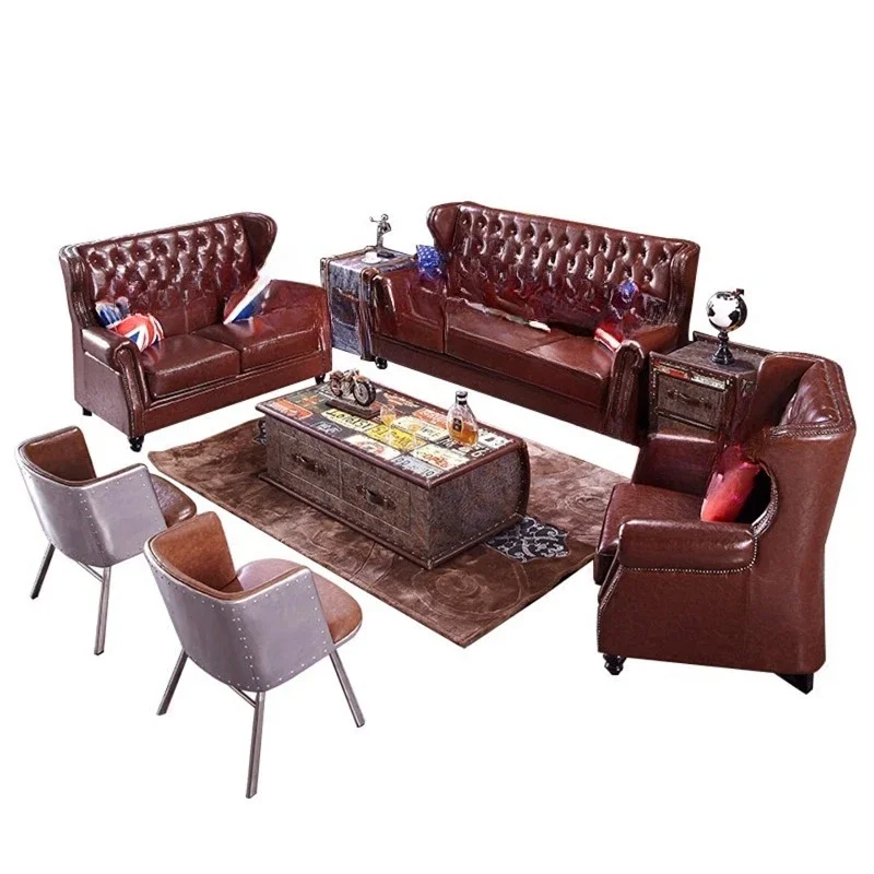 American country pull-button leather sofa three-seater retro sofa first floor cowhide living room small villa combination