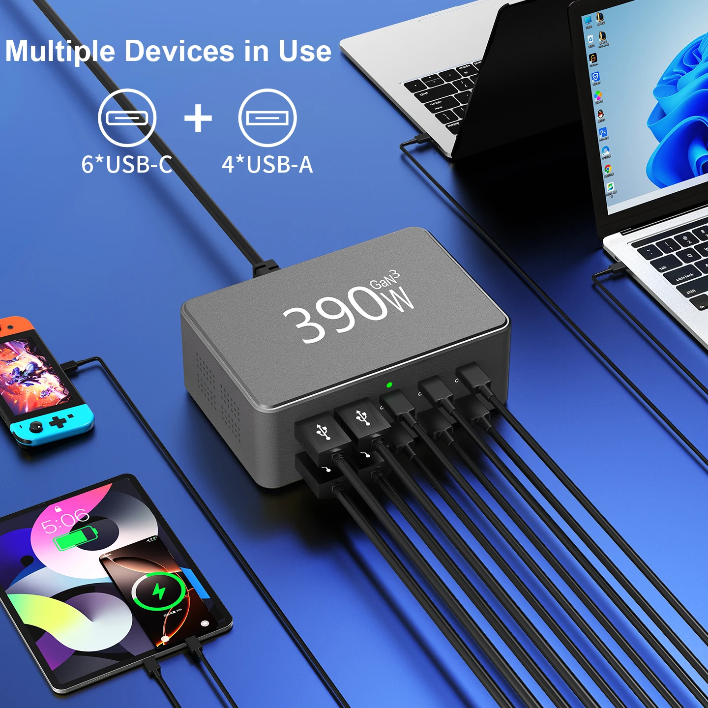 390 واط USB GaN شاحن 100 واط PD3.0 PPS QC3.0 نوع C متعدد المنافذ سبائك الألومنيوم محطة شحن سريع لأجهزة الكمبيوتر المحمول آيفون سامسونج اللوحي #4