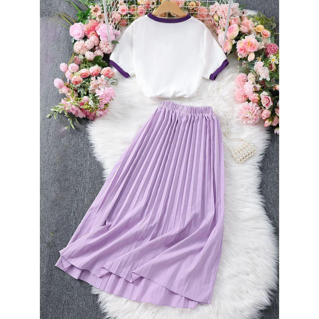 2 Pcs Set Teen Girl Clothes 13 14 15 16 Years Old Summer Short Sleeve Butterfly Tshirt + Purple Skirt Suit Women Half Skirt Set