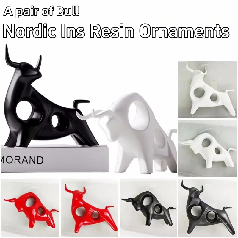 

Nordic Ins Bull Resin Decoration Blace&White&Red Color Proud Bull Ornaments Home Cabinet Cattle Figurines