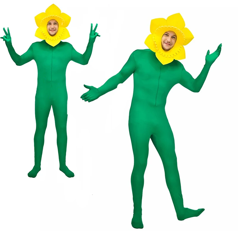 Disfraz de girasol de Halloween para hombres adultos, vestido de fantasía con flor amarilla y verde, mono divertido, juego de rol, fiesta