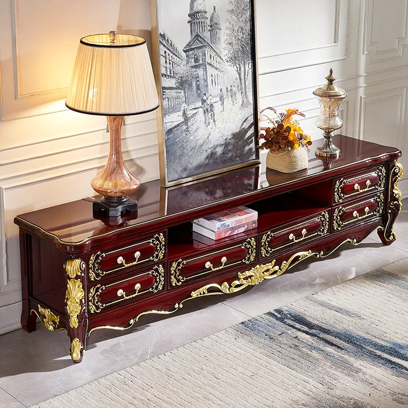 European marble TV cabinet living room red sandalwood TV cabinet American carved storage cabinet coffee table combination