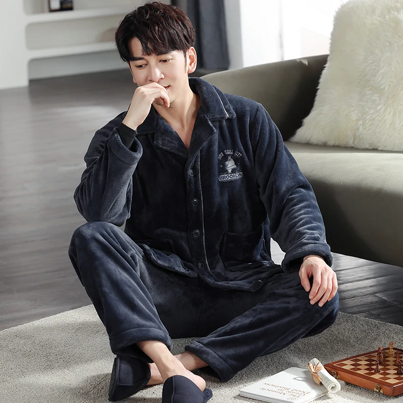 High Quality Winter Pajamas Men Thick Coral Fleece Keep Warm Sleepwear Flannel Mens Pyjama Sets Turn-down Collar Pijama M-4XL