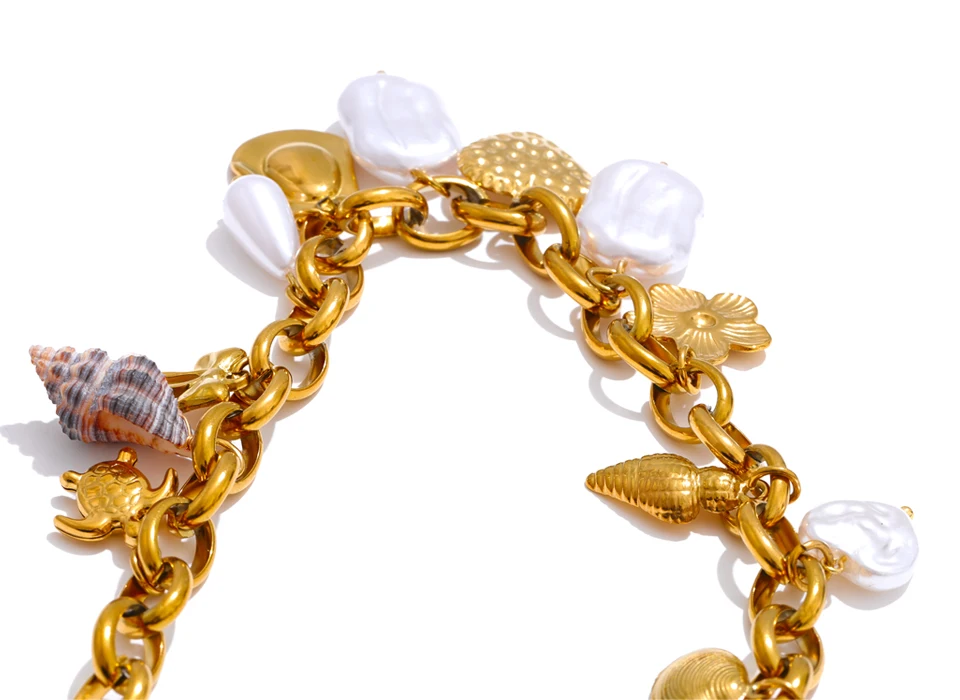 Yhpup Ozean-Stil, simulierte Perlen, Muschel, Schildkröte, Muschel, Herz, Blume, Tropfen-Halskette, 2025, Edelstahl, handgefertigter Schmuck, neu – Detail 9