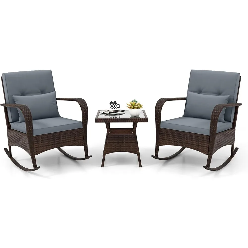 

3-piece set of terrace furniture, outdoor wicker rocking chair with cushions, pillows, glass coffee table, wicker pub