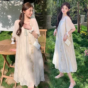 Vestido de renda maternidade tamanho grande, estilo chinês cheongsam, manga flare curta, gola quadrada, longo, solto, mulher grávida, verão 10 principais vendas pregnant qipao - №8