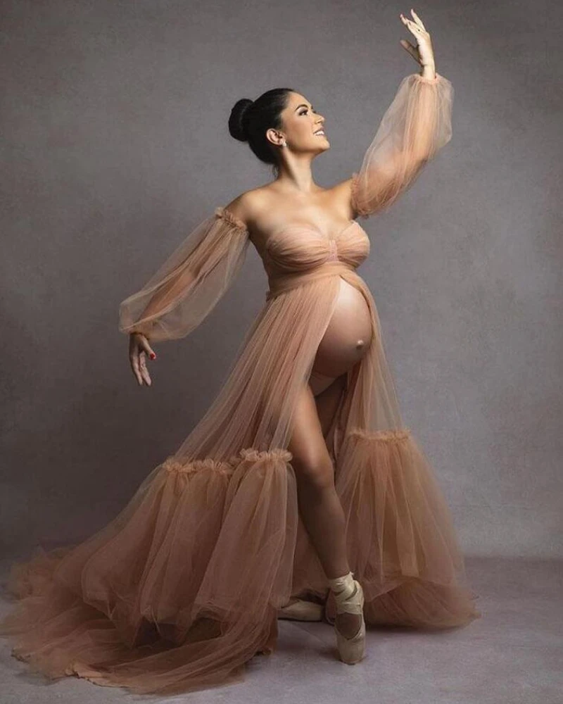 custom 18034#Champagne Sample Tulle Maternity Dress Detachable Sleeves Strapless Long Ruched Photographic Gown Pregnant Wome