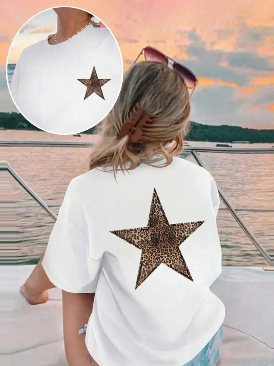 Tween Girl Casual Leopard & Star Print Round Neck Short Sleeve T-Shirt, Bright & Cheerful, Bringing Sunshine Every Day! Summer Top, Tween Girl Summer, Graphic Tee