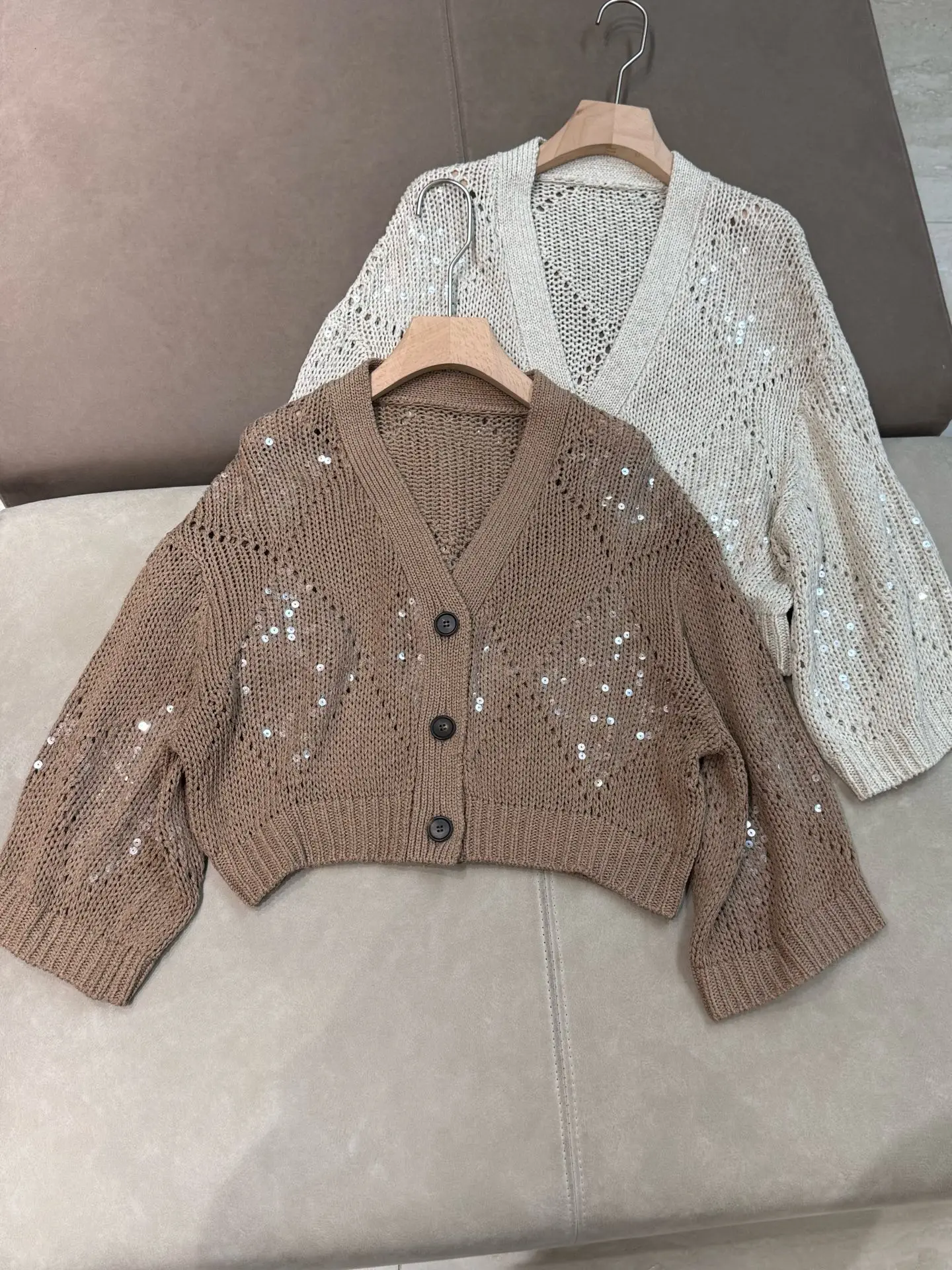 Spring Summer 2025 Women's Sequined Knitted Cardigan Cotton Linen Hollow Sweater Top