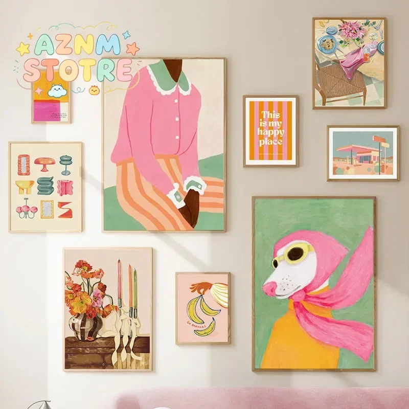 (Sin marco) Pósteres e impresiones abstractas de moda con diseño de chica, perro, flor y plátano, cuadro de arte de pared en lienzo para hotel, bar, sala de estar