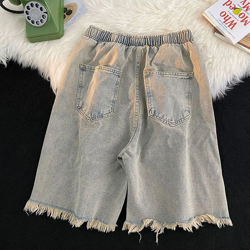 Men\'s Trendy Vintage Casual Streetwear Y2K Hole Jeans Short Pants 2024 Summer Youth Harajuku Pockets Loose Straight Denim Shorts