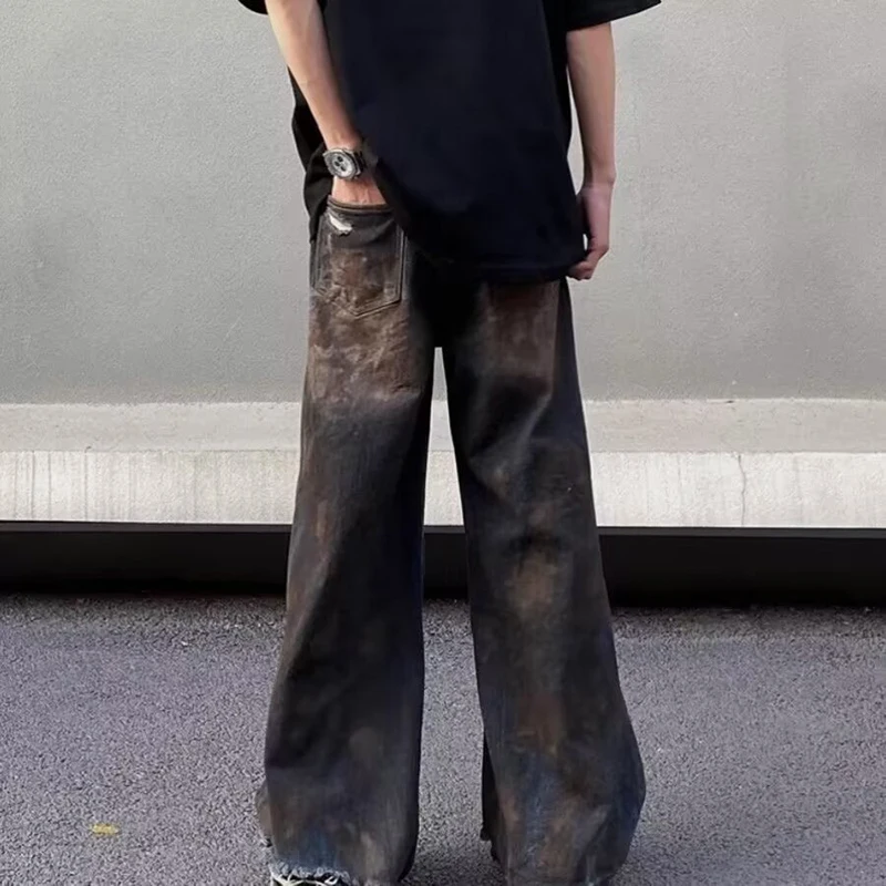 WTHT Vintage Heren Tie-dye Gat Burr Edge Doen Oude Denim Broek Mode Amerikaanse Stijl Rechte Wijde Pijpen Jean Mannelijke 2025 Zomer 2A1116