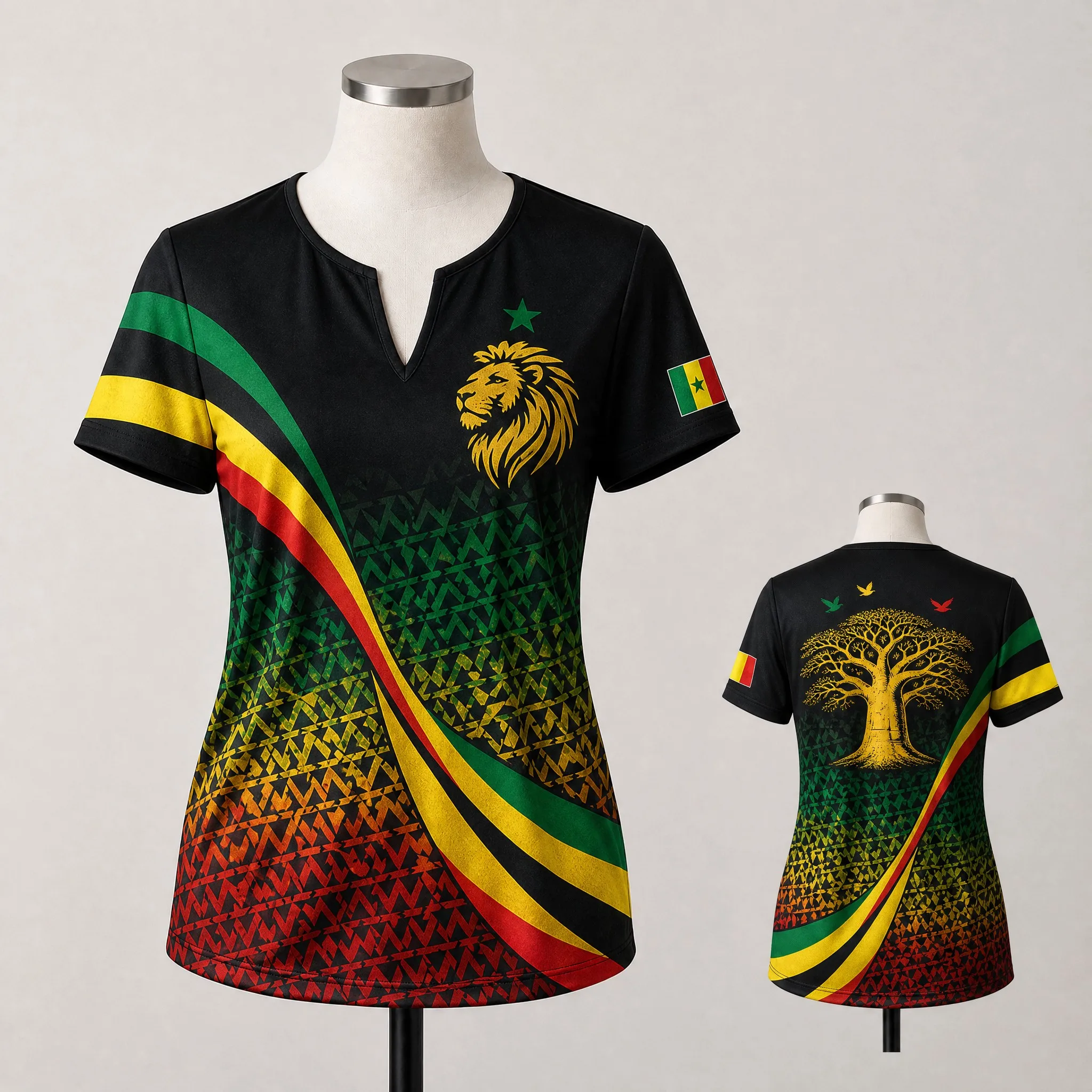 Womens Senegal Small V Neck T Shirt Red Green Yellow Lion Crest Star Print Casual Summer Short Sleeve Top Heritage Daily Wearing