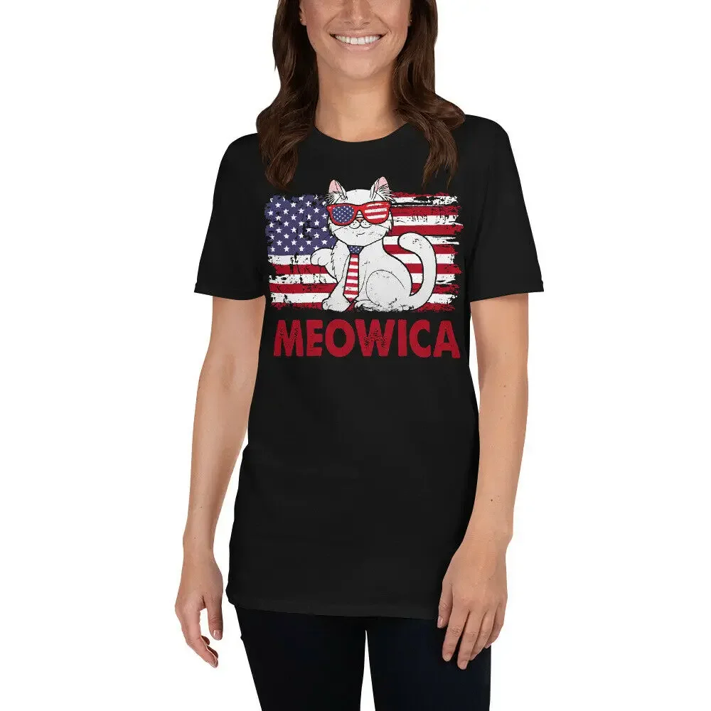 Meowica Funny USA American Flag Independence Day Cat Lover T-Shirt. Summer Cotton O-Neck Short Sleeve Unisex T Shirt New S-3XL