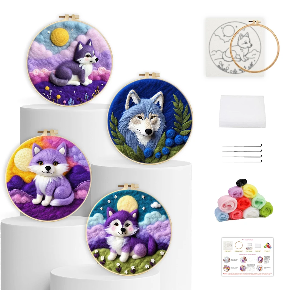 

RUOPOTY-Wool Felt Painting Needle Felting Kit For Beginners Wolf Handicraft Felt Arts Crafts Stitch Diy Handmade Home Decoration