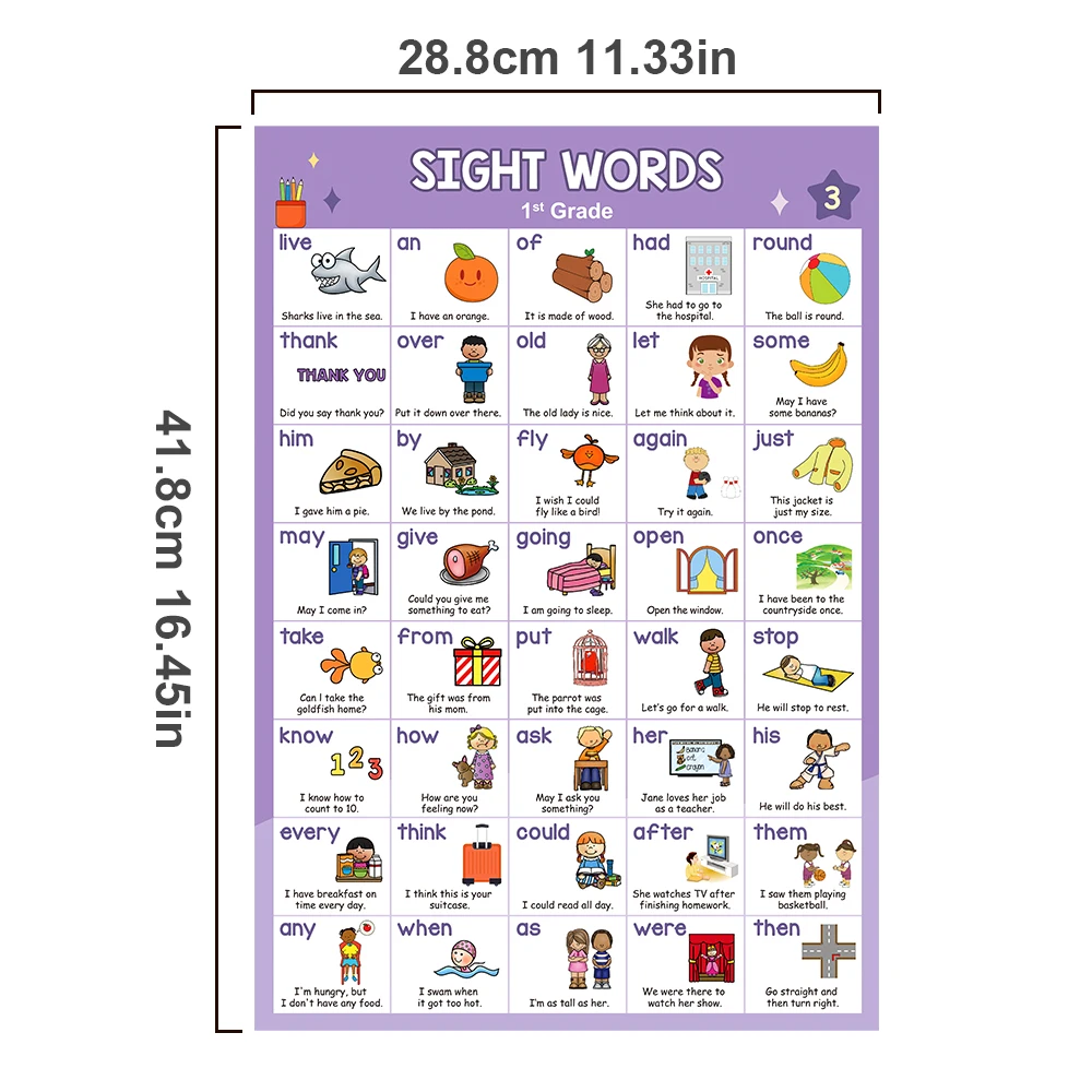 6 PCS English 220 Sight Words & Word Families A3 Posters Learning Words Education Chart Classroom Decoration for Kid Preschool