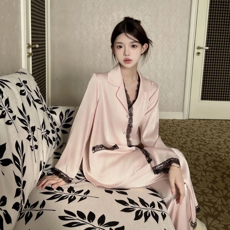 2025 Autumn Winter Pink Ice Silk Lace 2Pocket High-End Women Pajamas 2Piece Set Long Sleeve Pants Jacquard Butterfly Sleepwear
