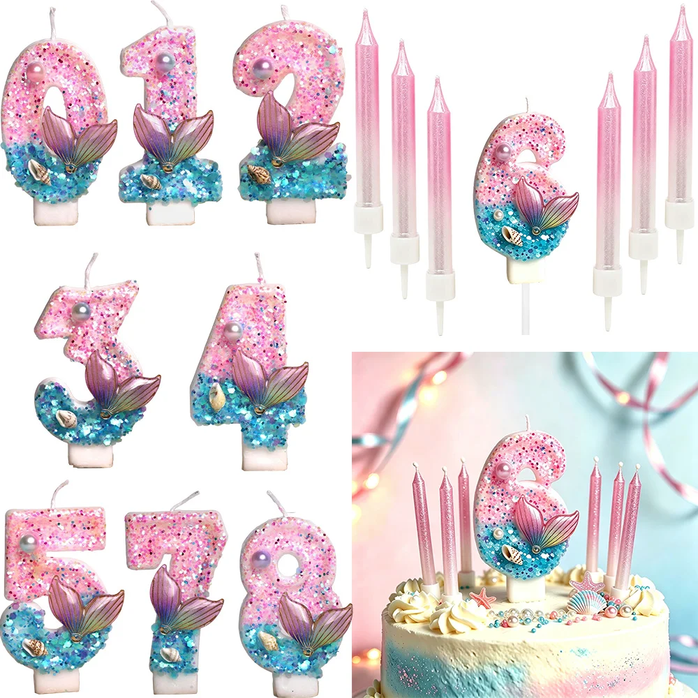 6/7pcs Mermaid Tail Glitter Birthday Number Candles Mermaid Themed Cake Toppers DIY Party Decorations Baby Shower Party Supplies