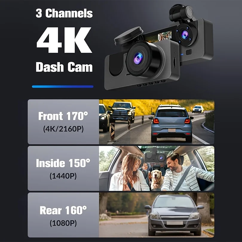 Cámara de salpicadero para automóviles, cámara de coche 4K Full UHD delantera trasera con tablero de tarjeta SD de 32 GB gratis con visión nocturna, modo de estacionamiento de 24 horas