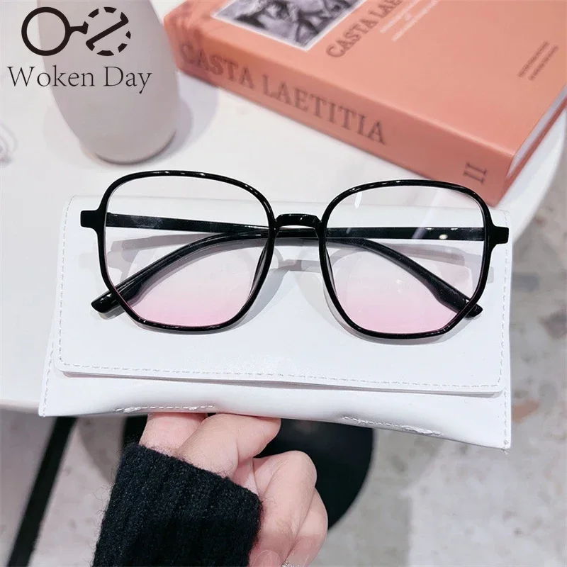 New Trend Korean Oversized Gradual Pink Powder Blusher Myopia Glasses Anti Blue Light Blocking Computer Eyewear Diopter 0