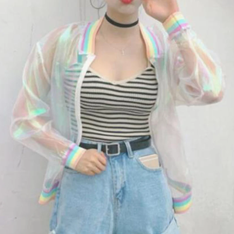 

Women Iridescent Laser Transparent Coat Jacket Holographic Coat Rainbow Baseball Windbreaker Coats Woman Clothing