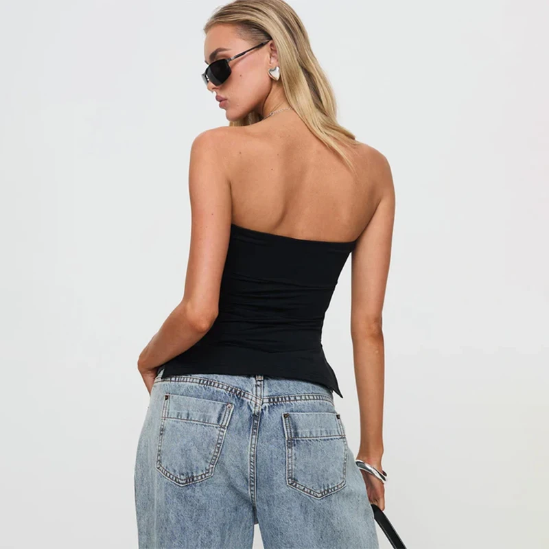 Sexy Color puro sin mangas sin tirantes ceñido al cuerpo chaleco dividido Top para mujeres moda estilo europeo primavera nueva llegada