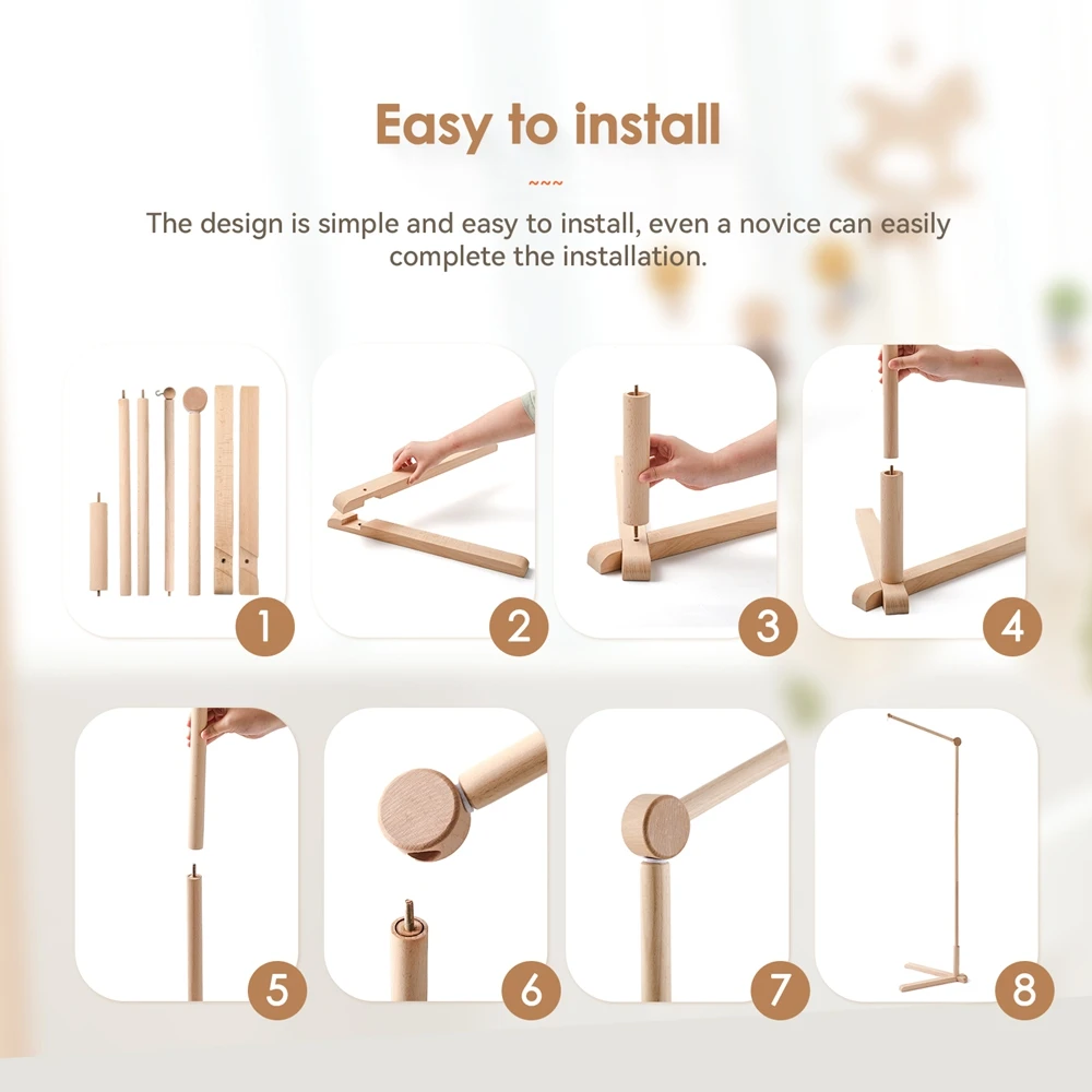 Support de meuble de berceau en bois pour lit de bébé, support de cloche autoportant avec hochets, décor de pépinière sûr et robuste pour nouveau-né de 0 à 12 mois