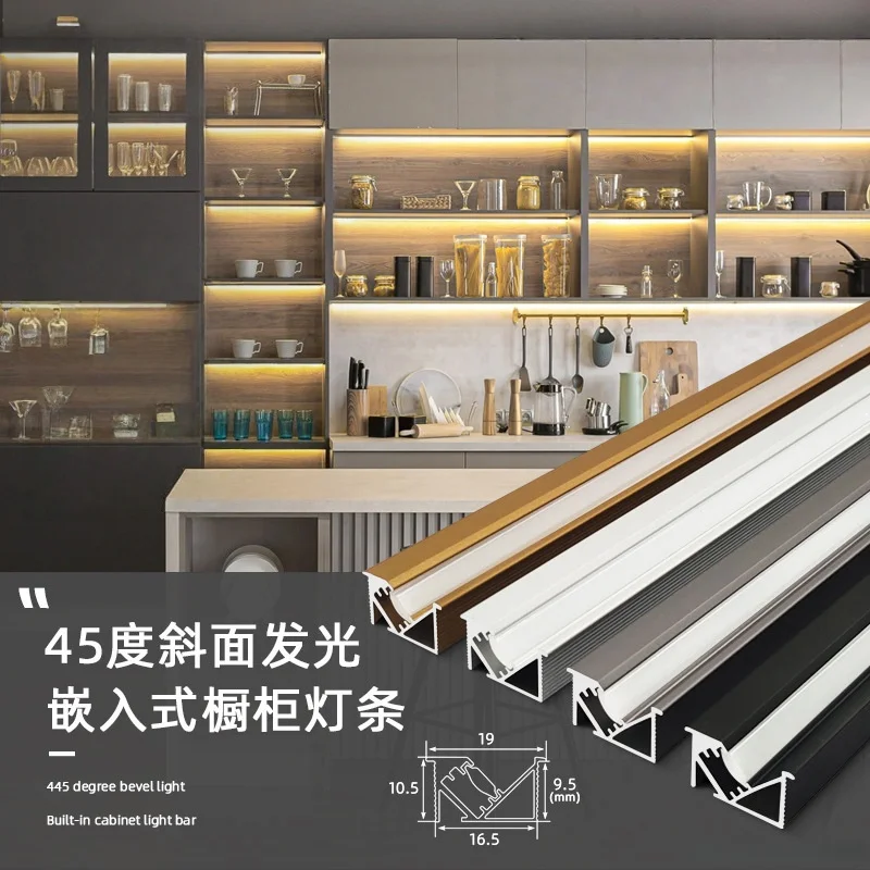 Recessed 45 Degree Oblique Lighting Cabinet Light Channel Led Aluminum Profile with Milky Cover Invisible Hard Bar Strip Light