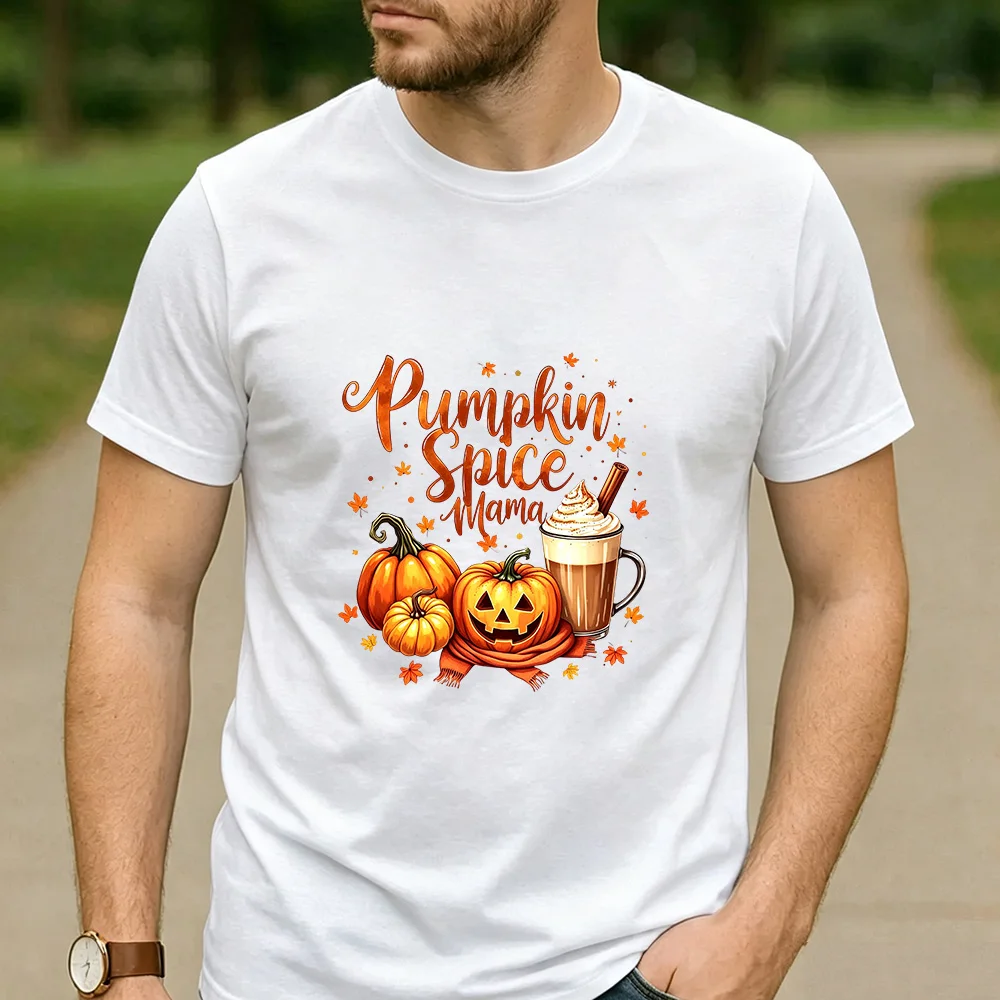 Vintage Pumpkin Spice Mama Pumpkin Latte Maple Leaf Graphic T Shirt Unisex Cotton Short Sleeve Fall Halloween Mom Casual Tee