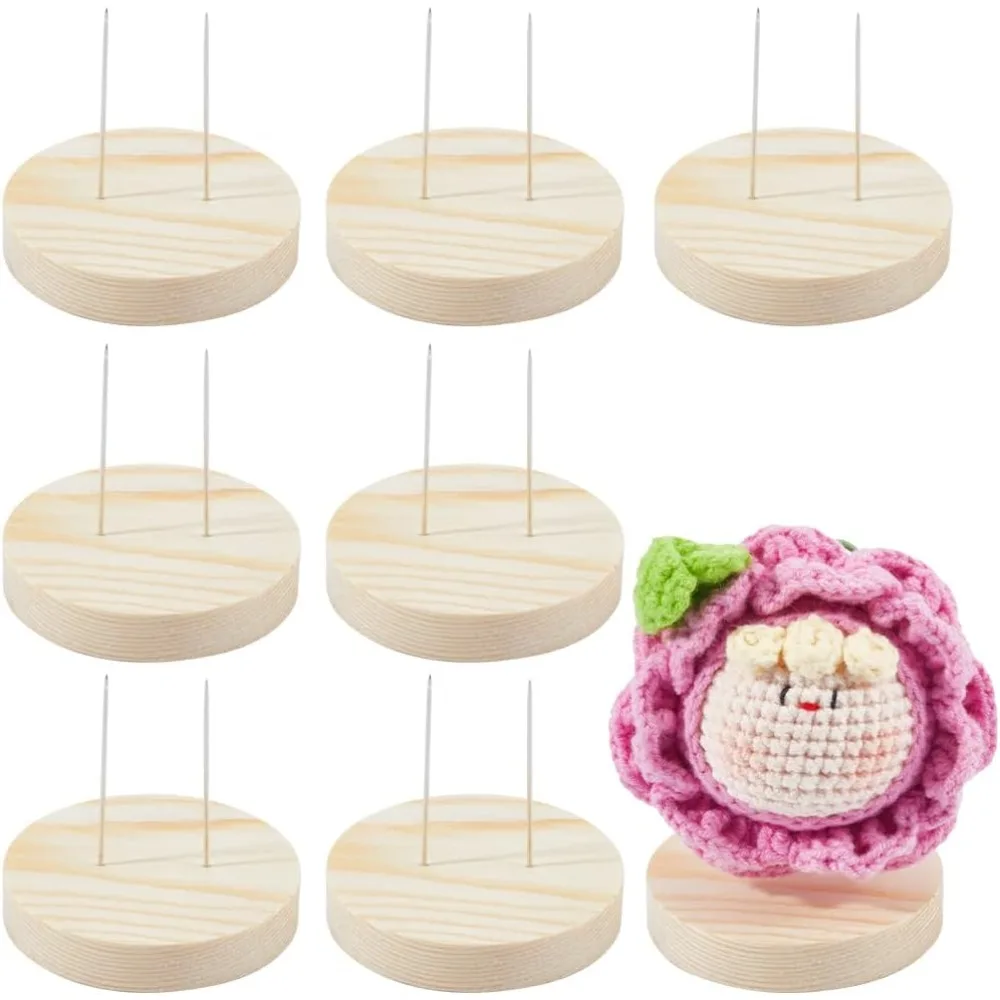 8PCS 2 Inch Double Steel Needle Doll Stand Holder Crochet Doll Stand Bracket Felting Showing Holder Wooden Display Rack Flat