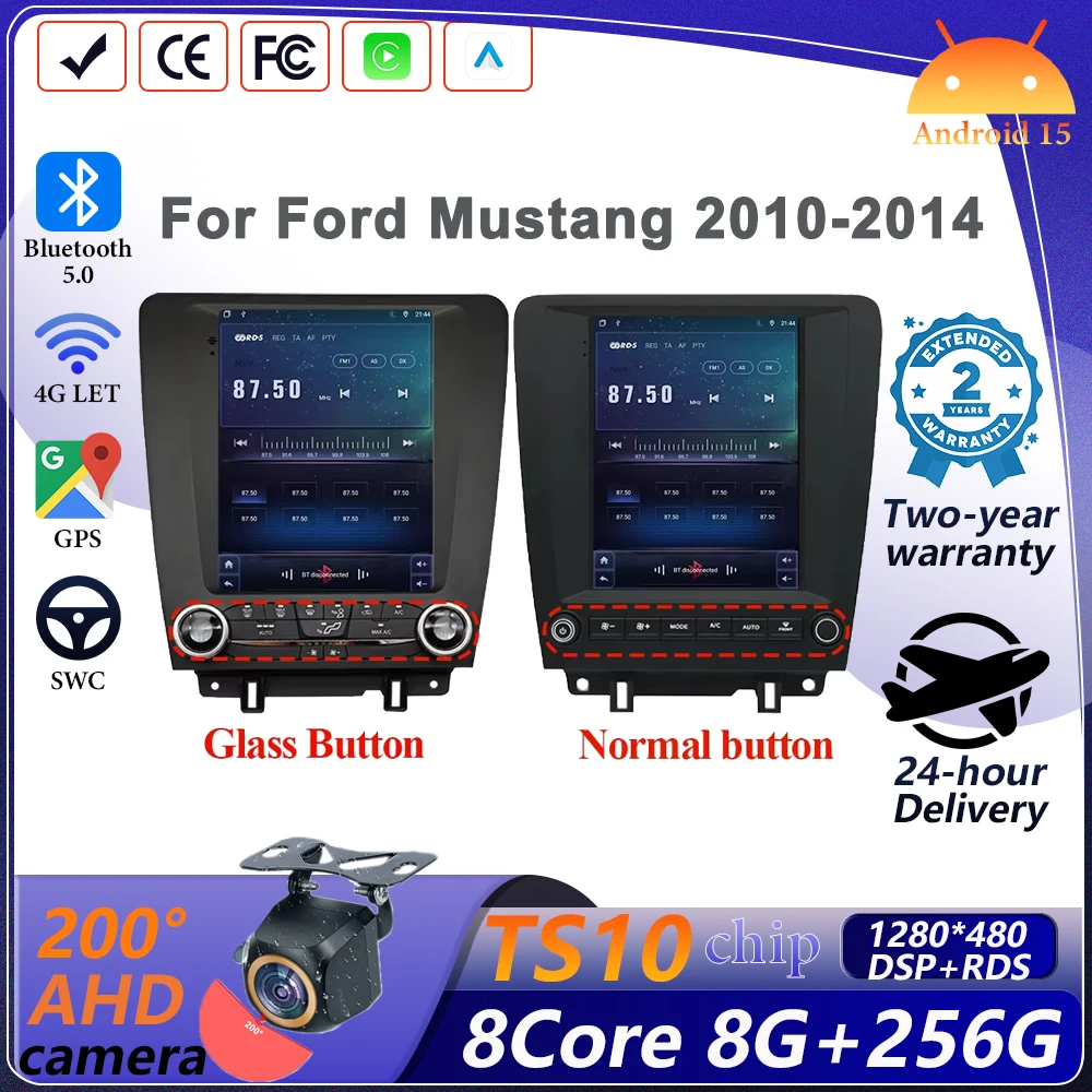 Wireless Android 15 Auto Carplay For Ford Mustang 2010-2014 Tesla Style Car Multimedia Player 5G Wifi Navigation Touch Display