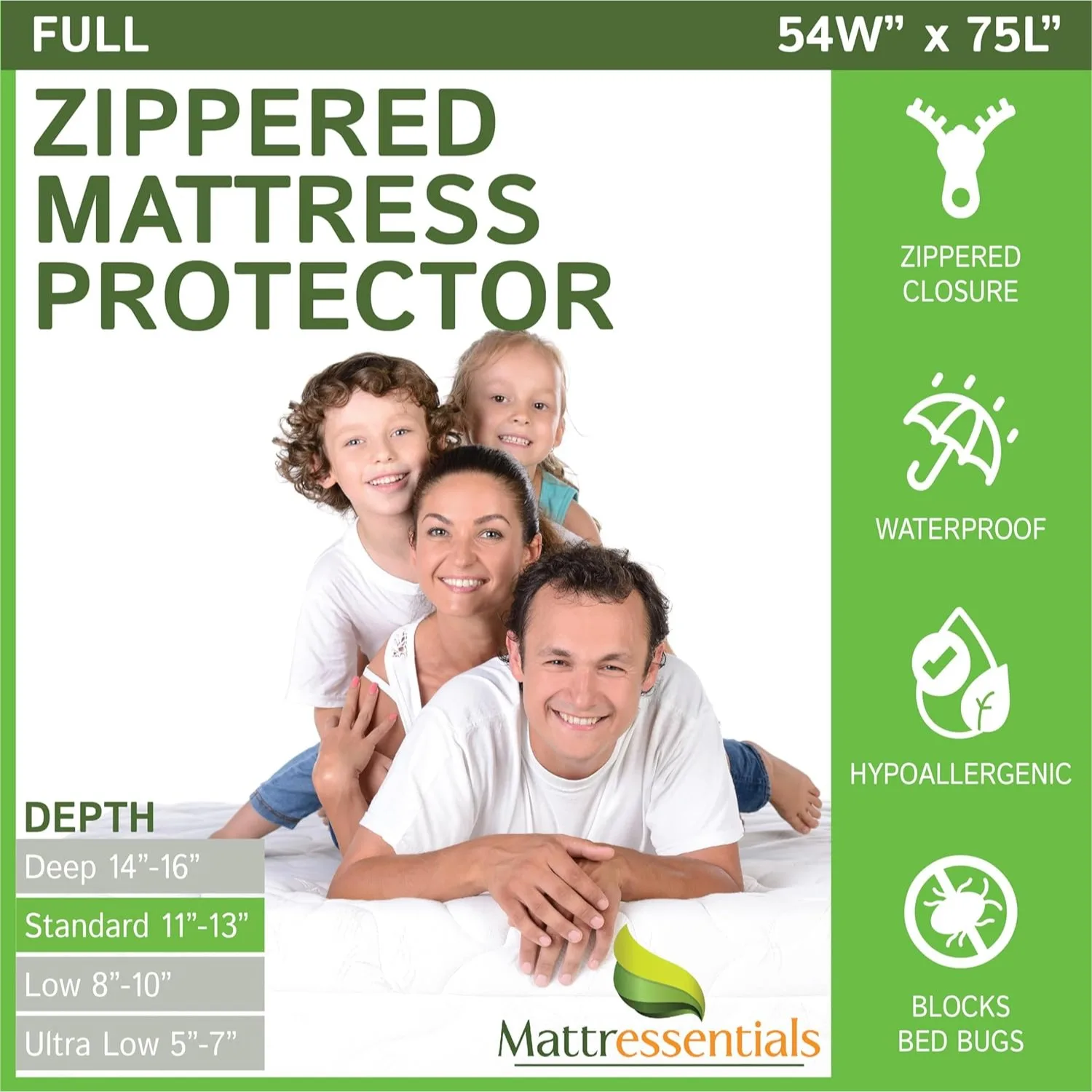 

Zippered Full Mattress Protector 11-13 Inch Depth Waterproof Bed Bug Proof Cover White