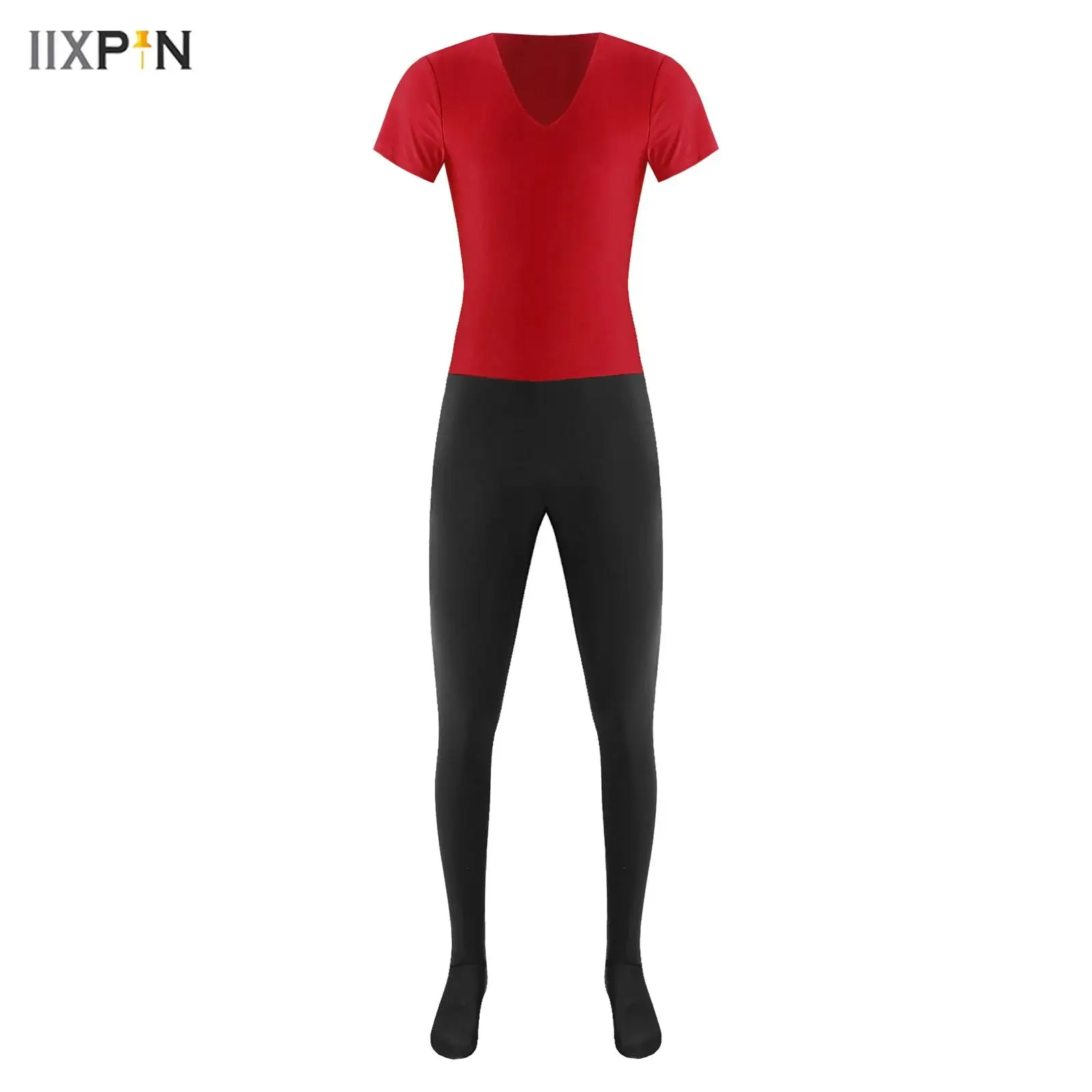 

Men's Ballet Dance Unitard Jumpsuit V Neck Short Sleeve Leggings Long Pants Contrast Color One Piece Bodysuit Yoga Dance Costume