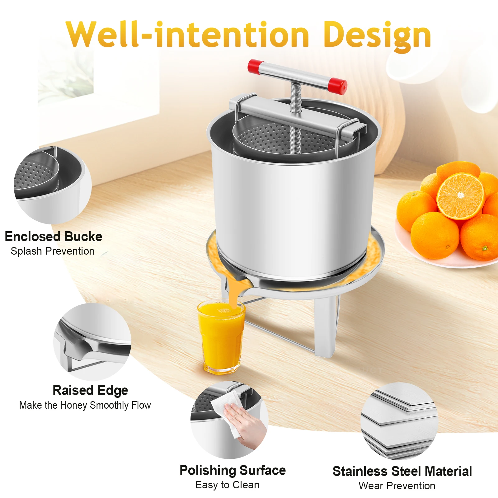 Manual Honey Press Extractor & Juice Maker, 12.6L Stainless Steel, Splash-Proof Design – Great for Honeycomb, Fruits, Veggies