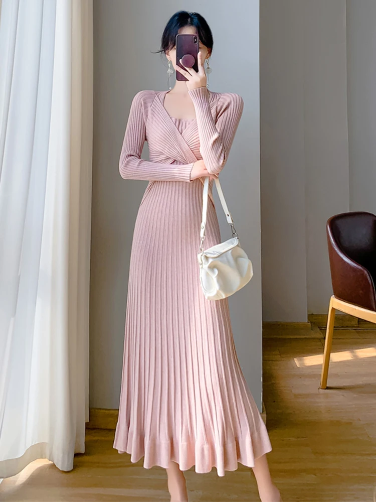 Neue 2025, Herbst Winter Pullover Kleid Frauen Elegante Kreuz Hohe Taille EINE Linie Gestrickte Kleid Koreanische Mode Lange Meerjungfrau Kleid