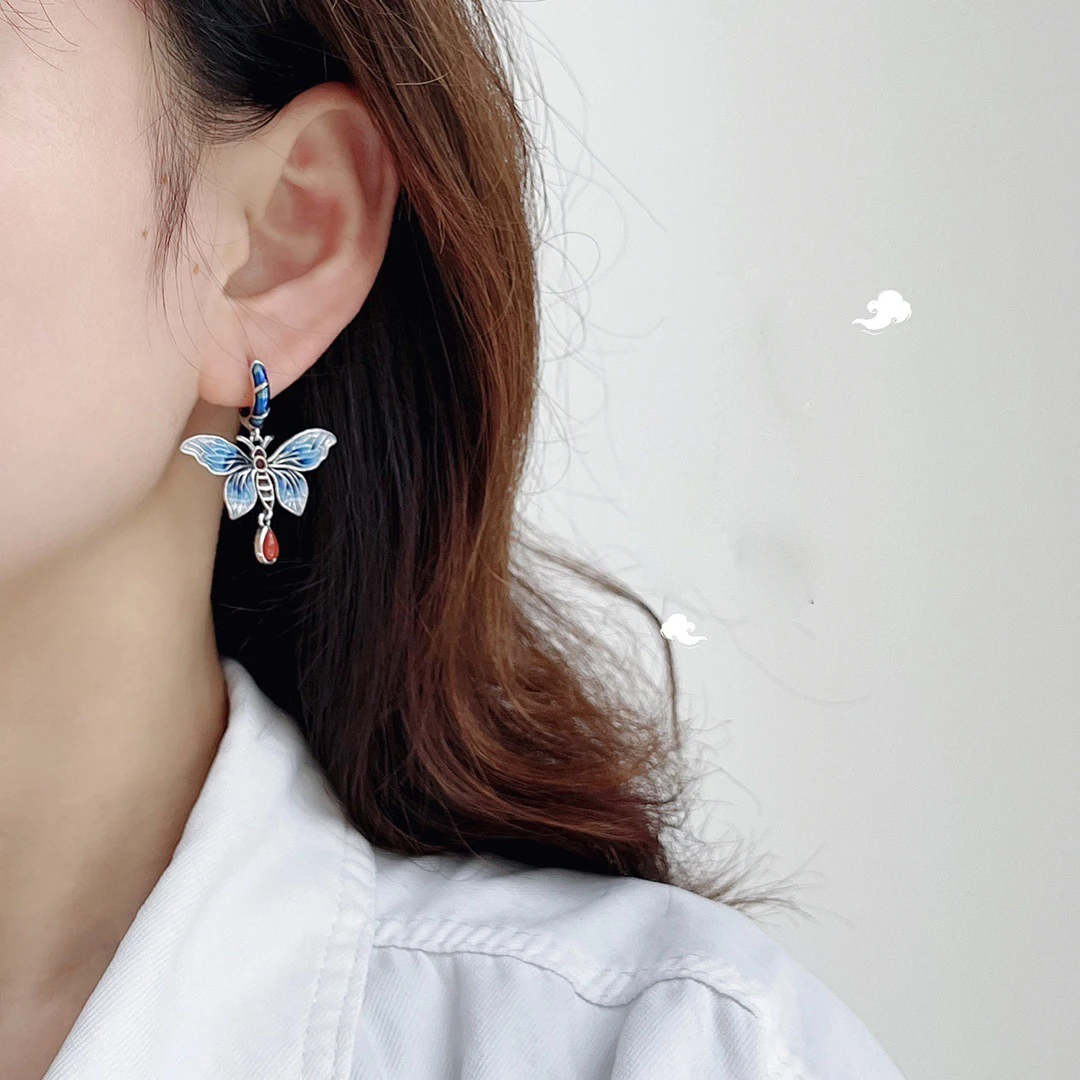 

Langyan 925 Sterling Silver Enamel Butterfly Ear Buckle for Women Ethnic Retro Style Blue Insect Drop Earrings with Red Agate