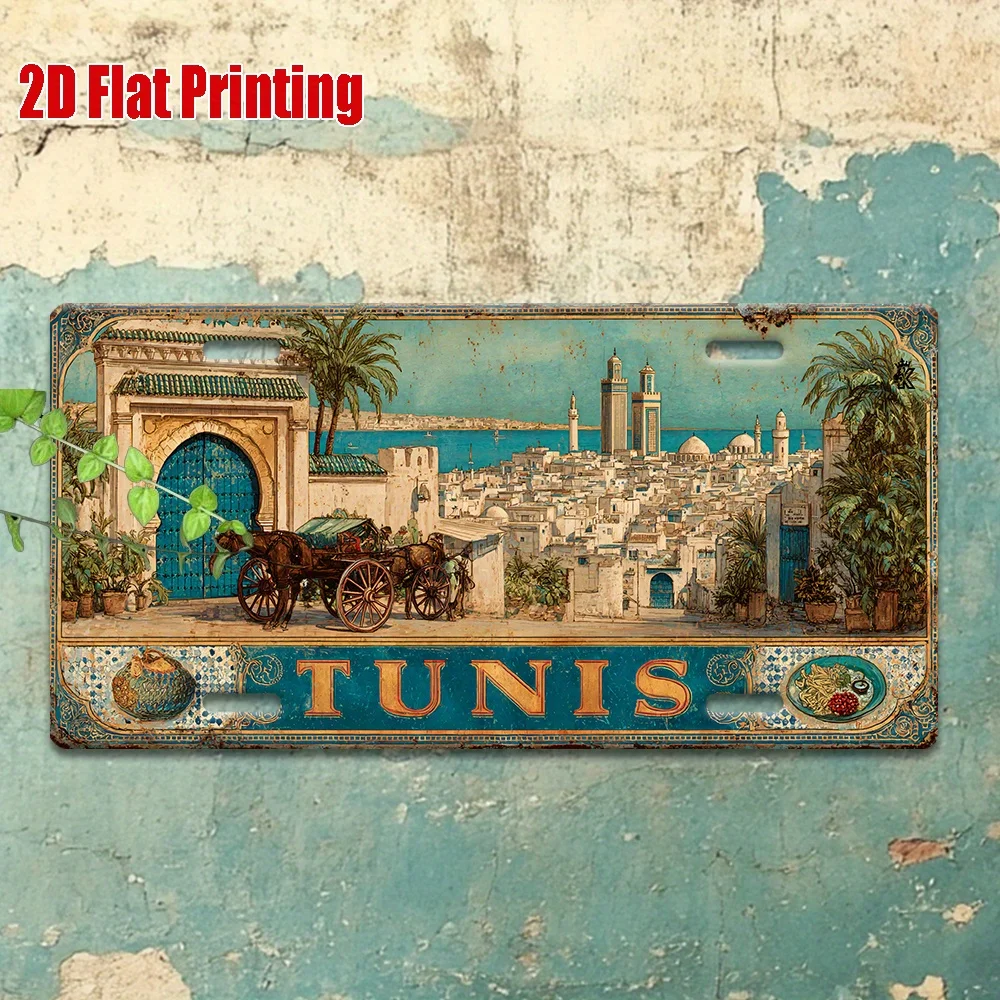 （2D Tin painting）2D flat piece, vintage metal license plate, TUNIS aluminum logo with market and mosque scene, suitable for h