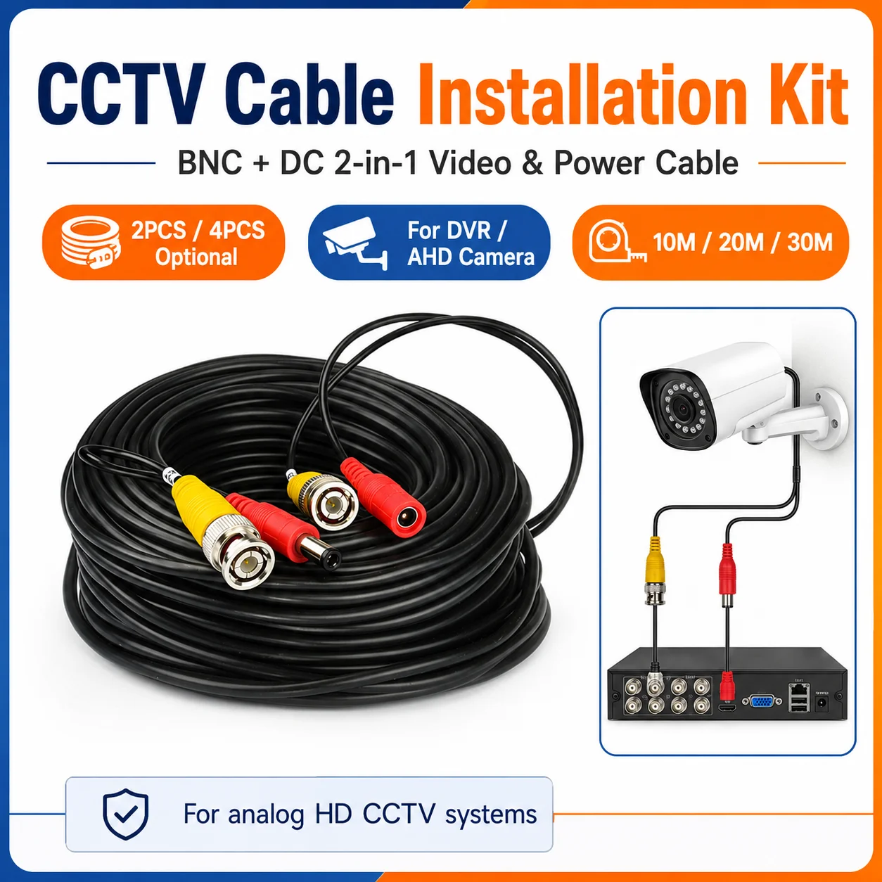 Analog HD Security Camera Wiring Accessory BNC DC Extension Cable Integrated Video Power Cord DC 5.5x2.1mm For DVR