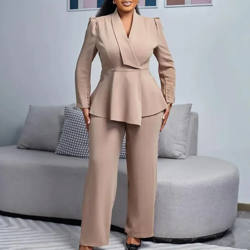 

Customized Autumn Elegant African Clothes for Women 2 Piece African Long Sleeve V-neck Top Long Pant Matching Sets Outfits Afri