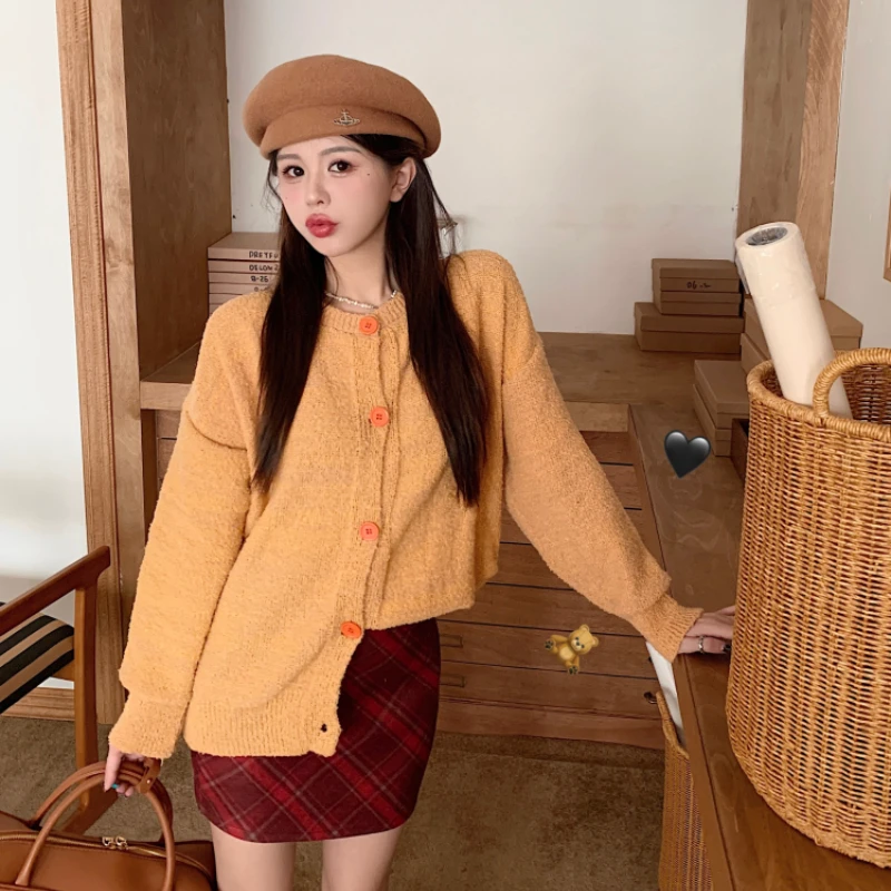 Gaganight Women Gentle Pumpkin Soft Sticky Sweater Coat 2024 Autumn Winter New O Neck Chic Loose Knitted Cardigan Top Female