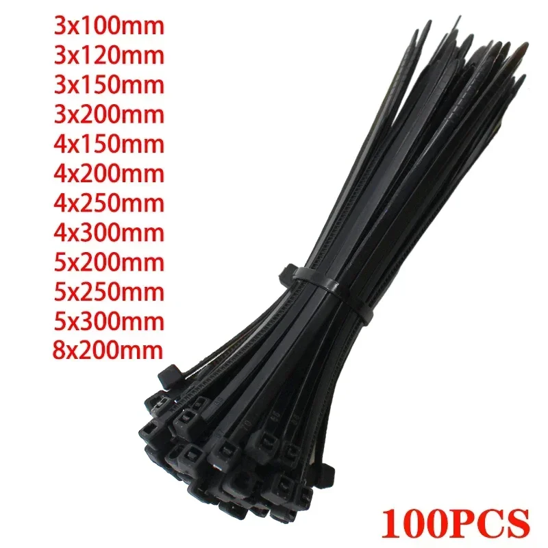 Self-locking plastic nylon tie 100 PCS black 5X300cable tie fastening ring3X200 cable tie zip wraps strap  nylon cable tie set