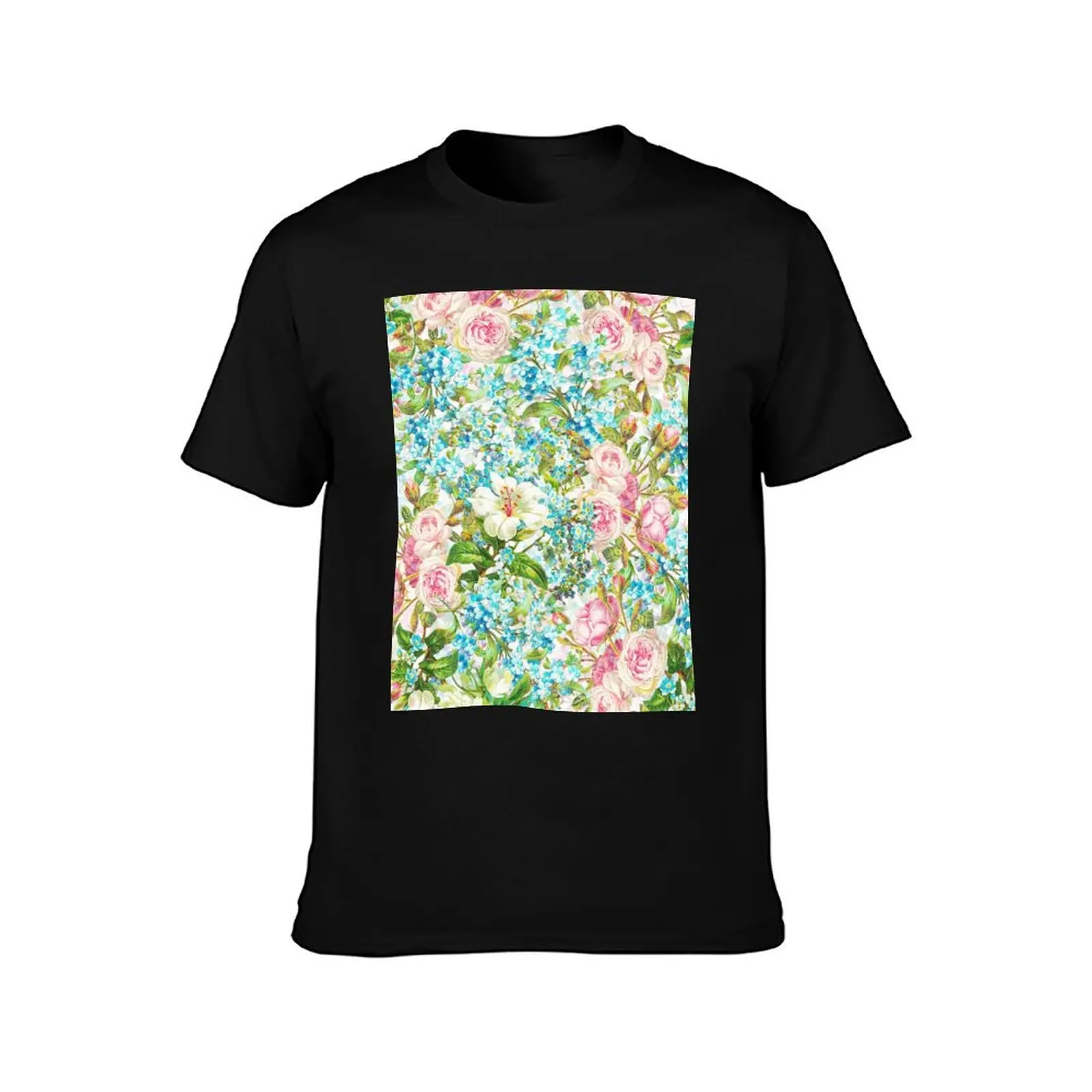 Pink Roses and Forget-me-not Botanical Garden T-Shirt sublime anime cotton t shirt men