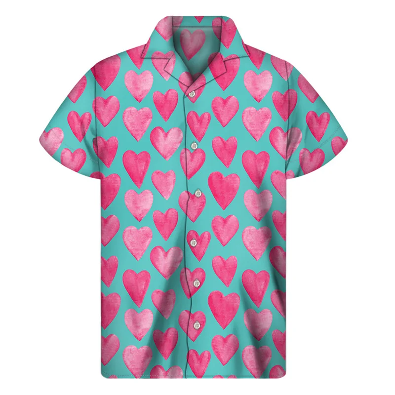 Cute Love Heart Aloha Shirt For Men Clothes 3D Print Hawaiian Shirts Summer Beach Short Sleeve Tops Street Lapel Button Blouse